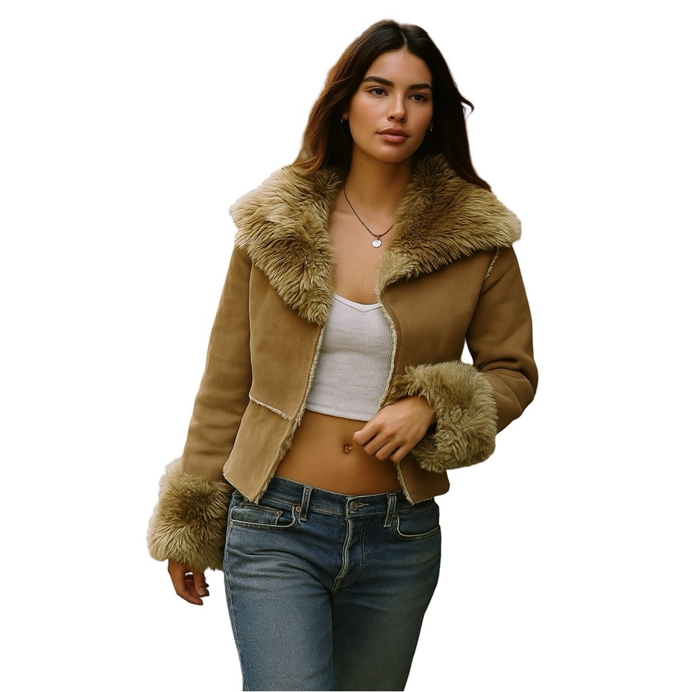 April Cornell Tan Faux Shearling Trim Teddy Jacket